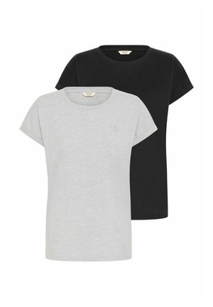 Two crew-neck t-shirts, one grey and one black, showcasing short sleeves, a relaxed fit, and a soft cotton blend material.