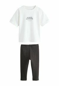 White cotton T-shirt with "ALWAYS AWESOME" text in gray, paired with black ribbed leggings. Simple design, short sleeves, and elastic waistband.