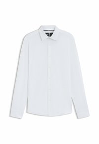 Chemise blanche à manches longues en coton, avec un col classique, une patte de boutonnage à l'avant et un ourlet droit avec un détail de poignets.