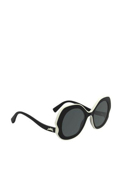 Czarne okulary przeciwsłoneczne z szeroką, zaokrągloną ramą, z białym akcentem wzdłuż brzegów. Ciemne soczewki i smukłe czarne zauszniki z detalem logo.