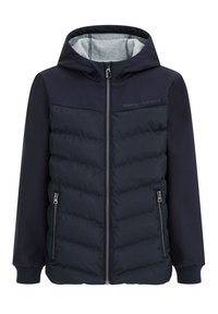 Navy puffer jacket with a hoodie, featuring a zip front, elastic cuffs, and two zippered side pockets. Contrast smooth fabric on shoulders.