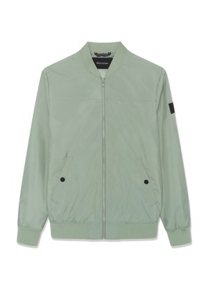 Svetlo zelena bomber jakna iz gladkega blaga, z zadrgo spredaj, stranskimi žepi in črno tkanino na levem rokavu.