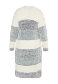 Langer, flauschiger Cardigan in Weiß, Grau und hellgrünen Streifen. Rippbündchen und -saum mit weicher Textur. Offenes Rückendesign.