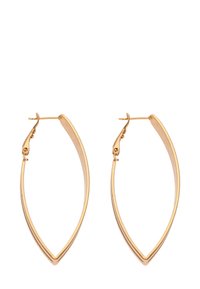 Goldfarbene Metallohrringe in einer schlanken, länglichen Blattform, mit einer glatten Oberfläche und einem sicheren Klappverschluss.