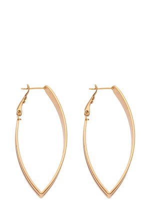 Aranyszínű fém fülbevalók, sima textúrával és biztonságos zárómechanizmussal rendelkező, karcsú, hosszúkás levél formával.