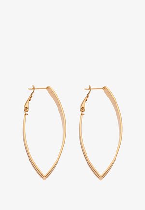 Náušnice z kovu ve zlatém odstínu s elegantním, protáhlým tvarem listu, které mají hladký povrch a bezpečné uzavírání na páku.