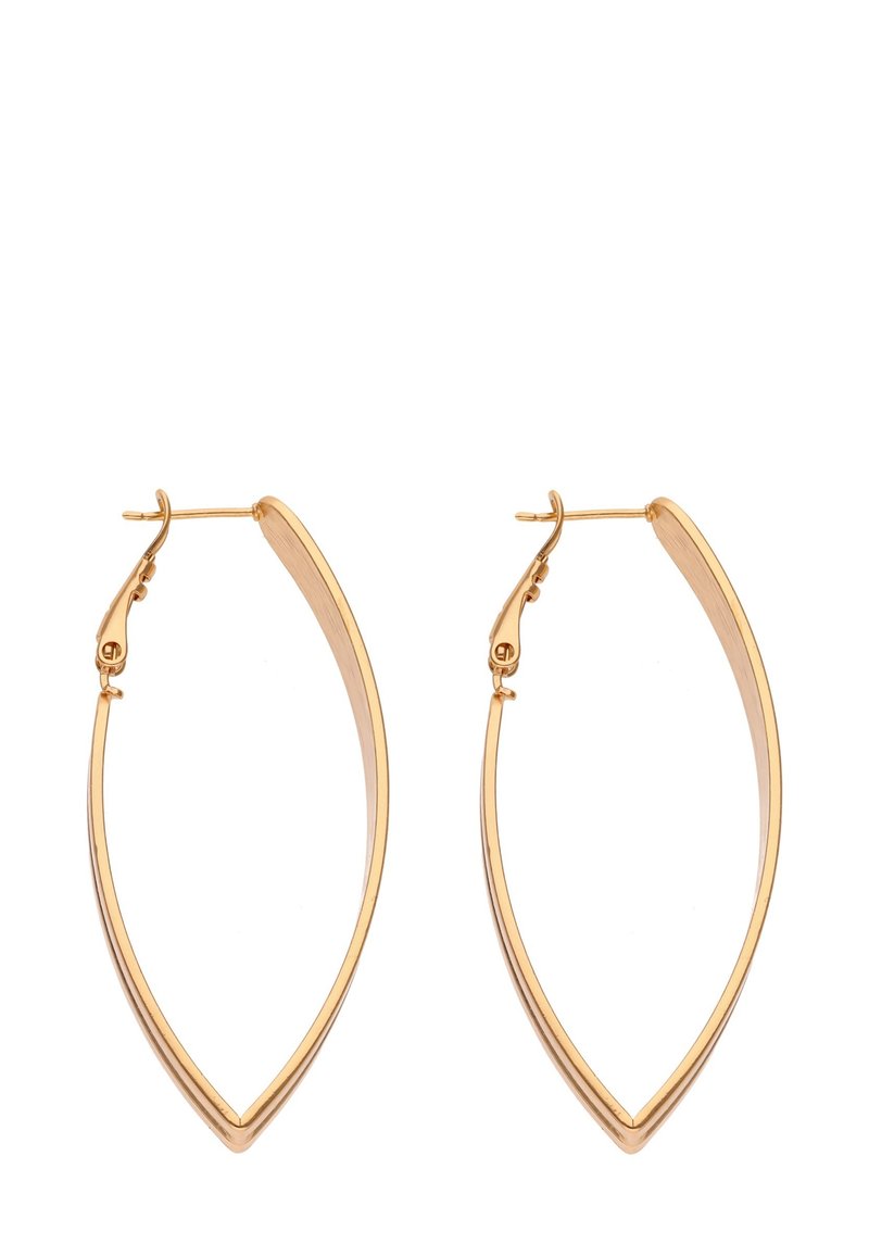 Goldfarbene Metallohrringe in einer schlanken, länglichen Blattform, mit einer glatten Oberfläche und einem sicheren Klappverschluss.