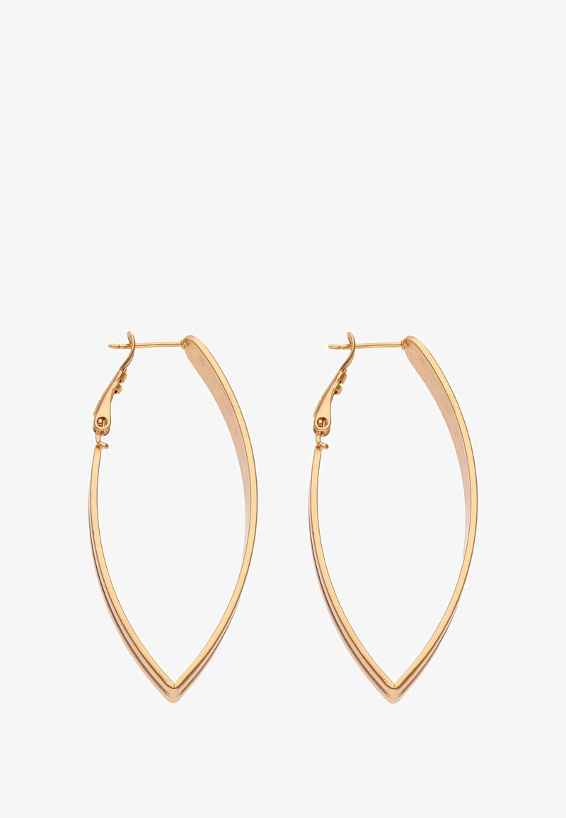 Goldfarbene Metallohrringe in einer schlanken, länglichen Blattform, mit einer glatten Oberfläche und einem sicheren Klappverschluss.