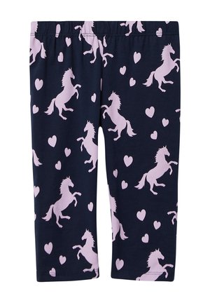 Marinefarbene Leggings mit einem Muster aus hellrosa Einhörnern und kleinen Herzen, gefertigt aus einem weichen, dehnbaren Stoff mit einem elastischen Bund.
