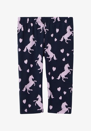 Navy leggings met een patroon van lichtroze eenhoorns en kleine hartjes, gemaakt van een zachte, rekbare stof met een elastische tailleband.