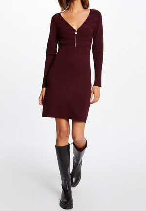Robe tricotée bourgogne à manches longues, décolleté en V et détail de fermeture éclair sur le devant. Fabriquée à partir d'un matériau extensible, texture lisse, longueur au-dessus du genou.