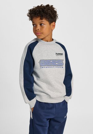 Gray sweatshirt with navy blue raglan sleeves. Features a "hummel sportswear" logo and "BEES INTERNATIONAL" graphic in blue and white.