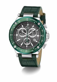 Ceas cronograf cu bezel tachimetric verde închis, cadran texturat gri, subdiale argintii și brățară din piele verde cu model de crocodil.