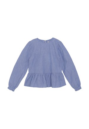 Blå och vit randig långärmad blus med rund hals, peplumslut och samlade ärmslut. Lättviktsmaterial med subtil textur.