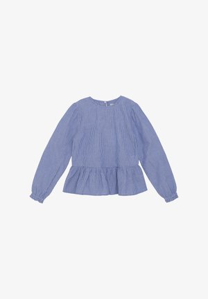 Niebieska i biała, w paski, bluzka z długim rękawem, okrągłym dekoltem, peplum i marszczonymi mankietami. Lekki materiał o subtelnej teksturze.