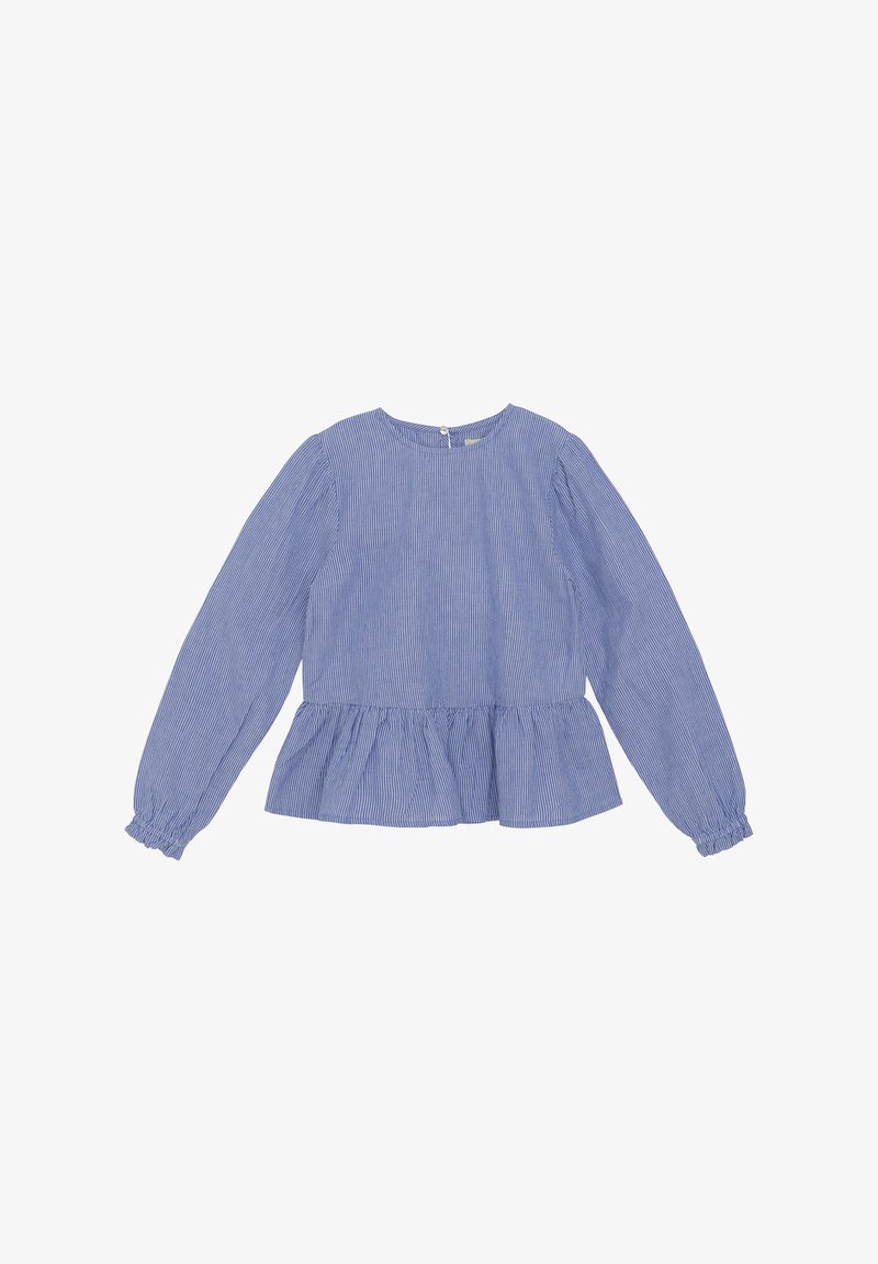 Blau-weiß gestreifte Langarmbluse mit Rundhalsausschnitt, Peplumsaum und gerafften Bündchen. Leichter Stoff mit subtiler Textur.