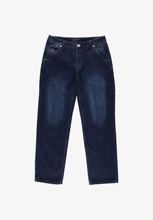 Dunkelblaue Jeans aus Denim mit geradem Schnitt, fünf Taschen und einem Knopfverschluss. Mit sichtbaren Nähten und dezentem Verblassen.