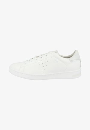 White leather sneaker with a smooth finish, rounded toe, five-eyelet design, perforated side for breathability, and textured heel accent.