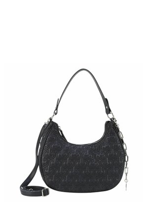 Schwarze Lederhandtasche mit einer geschwungenen Form, die ein strukturiertes Muster aufweist, abnehmbaren Schulterriemen und silberfarbenen Hardware-Details.