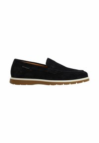Navyblauwe suède loafers met een ronde neus, een lichte rubbersole en een subtiele stikseldetail langs de rand.