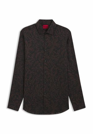 Langärmeliges, schwarzes Hemd mit dezentem rotem Blattmuster, ausgestattet mit einem klassischen Kragen und schwarzen Knöpfen. Hergestellt aus leichtem Stoff.