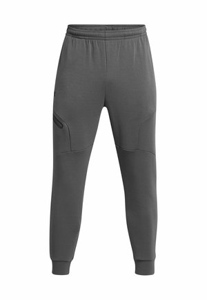 Grijze sportieve jogpants met een elastische tailleband, taps toelopende benen, zijzakken en geprofileerde delen voor extra detail.
