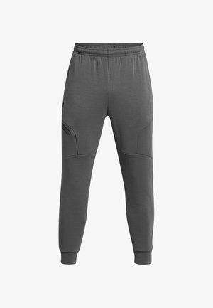 Gray athletic jogger pants with an elastic waistband, tapered legs, side pockets, and textured panels for added detail.