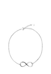 Bracciale in argento con pendente a forma di infinito. Texture liscia, finitura lucida, chiusura regolabile per personalizzare la misura.