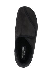 Pantofole nere realizzate in morbido materiale simile alla suede. Presentano una forma arrotondata con un design piegato nella parte superiore e un interno imbottito.