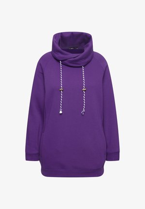 Fialová mikina s kapucňou a šnúrkami, so zlatými detailmi a bielymi akcentmi. Vyrobená z mäkkej, textúrovanej látky a má bočné vrecká.