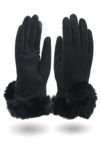 Guanti neri realizzati in un materiale morbido, con un bordo in pelliccia nera soffice all'altezza del polso. Design senza cuciture con cinque aperture per le dita.