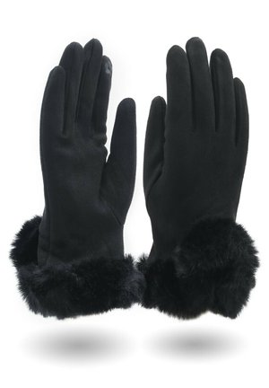 Guanti neri realizzati in un materiale morbido, con un bordo in pelliccia nera soffice all'altezza del polso. Design senza cuciture con cinque aperture per le dita.
