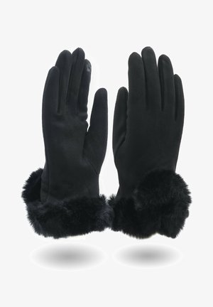 Guanti neri realizzati in un materiale morbido, con un bordo in pelliccia nera soffice all'altezza del polso. Design senza cuciture con cinque aperture per le dita.