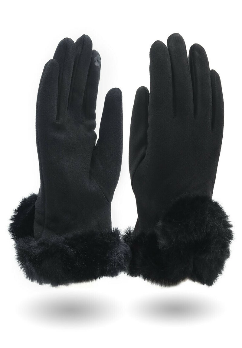 Guanti neri realizzati in un materiale morbido, con un bordo in pelliccia nera soffice all'altezza del polso. Design senza cuciture con cinque aperture per le dita.