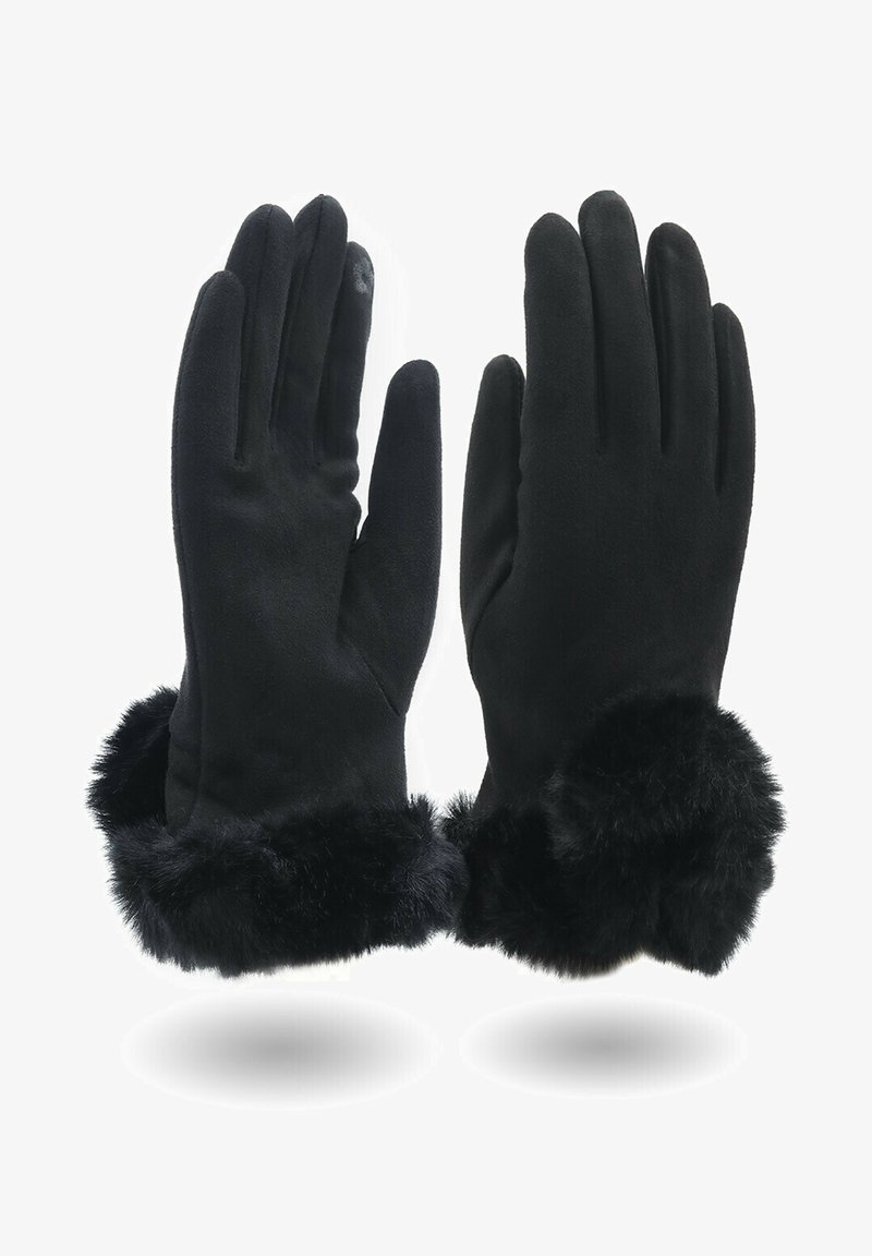 Guanti neri realizzati in un materiale morbido, con un bordo in pelliccia nera soffice all'altezza del polso. Design senza cuciture con cinque aperture per le dita.