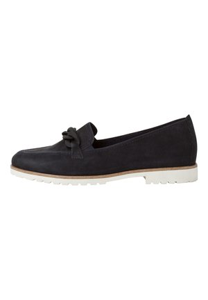 Navy suede loafers with a knot detail on the vamp, white rubber sole, and a flat design suitable for casual wear.