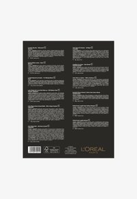 Schwarze Verpackung mit weißem und goldfarbenem Text, der verschiedene Kosmetikprodukte von L'Oréal Paris auflistet, einschließlich Angaben zum Produktvolumen und Herkunft.