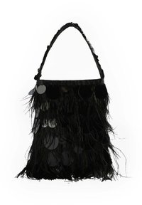 Bolso de mano con flecos negros y lentejuelas circulares, con una correa trenzada y superficie texturizada. Abertura amplia, materiales suaves y diseño único.