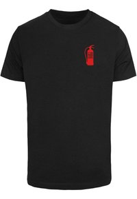 Black cotton t-shirt with a crew neck and short sleeves. Features a red graphic design resembling a fire extinguisher and text.
