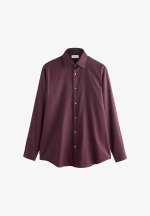 Burgundska srajca z dolgimi rokavi in ovratnikom z gumbi, subtilen kariran vzorec ter šest sivih gumbov spredaj. Mehak, strukturiran material.