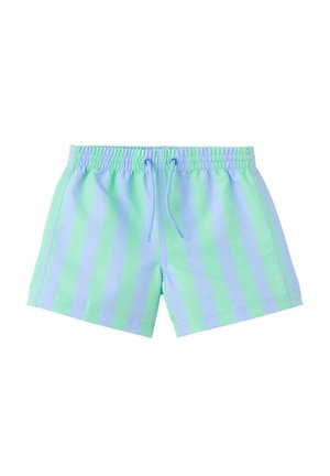 Șorturi de baie cu dungi verticale albastre și verzi, cu talie elastică și șnur frontal pe fundal alb.