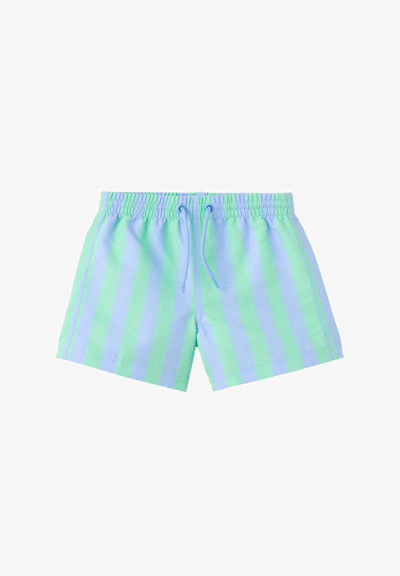 Short de bain rayé verticalement bleu et vert avec ceinture élastique et cordon devant sur fond blanc.