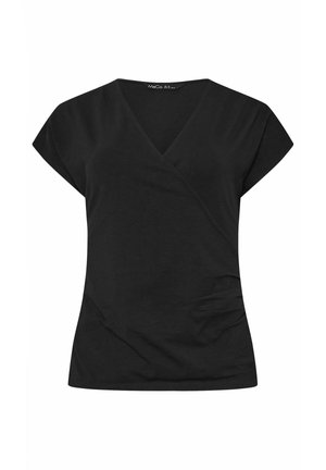 Blouse noire pour femmes à manches courtes avec col en V et devant croisé, fabriquée en tissu doux et léger.