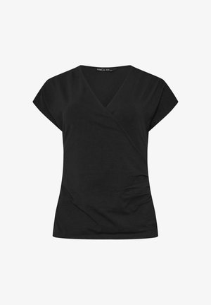 Blouse noire pour femmes à manches courtes avec col en V et devant croisé, fabriquée en tissu doux et léger.