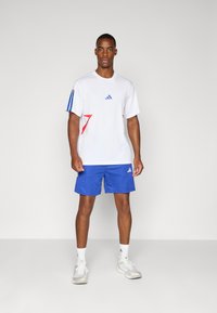 Weißes Sport-T-Shirt mit roten und blauen Akzenten, seitlichen Streifen, getragen mit blauen Mesh-Shorts. Graue Sneakers und weiße Socken runden das Outfit ab.