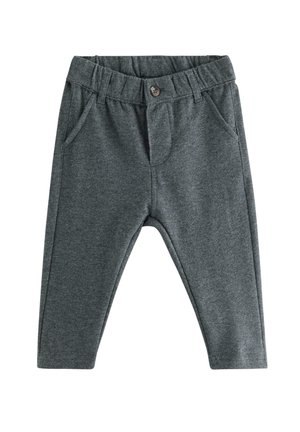 Mørkegrå bukser til småbørn med elastisk talje, sidelommer og lukkes foran med knap på hvid baggrund.