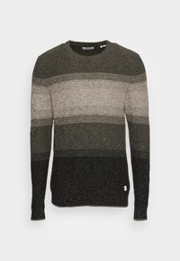 Maglione a collo rotondo, realizzato in tessuto a maglia con strisce verde scuro, grigio e nero. Presenta polsini e vita a coste.