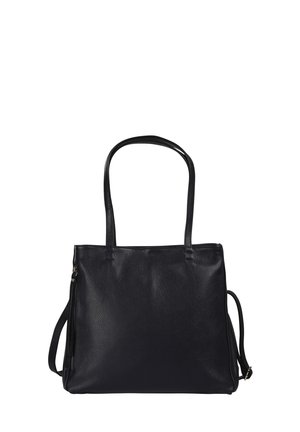 Black leather handbag with two shoulder straps and a side zipper pocket, shown against a white background.