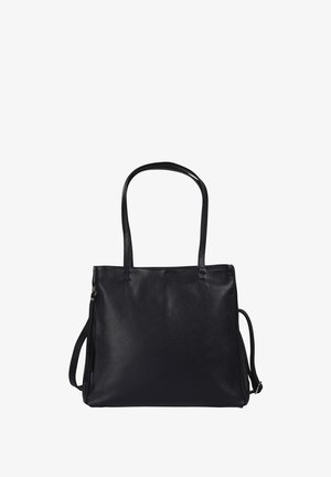 Zwarte leren handtas met twee schouderbanden en een zijvak met rits, afgebeeld tegen een witte achtergrond.