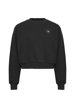 Zwart cropped sweatshirt gemaakt van gestructureerde stof. Heeft een ronde halslijn en lange mouwen. Inclusief een subtiel logo op de borst.